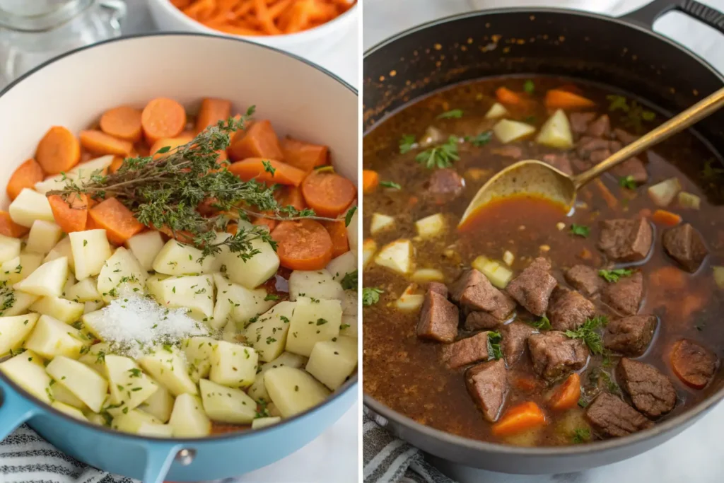 A traditional Irish beef stew being prepared, with diced potatoes, carrots, and fresh thyme added to the pot, followed by simmering beef cubes in the broth.