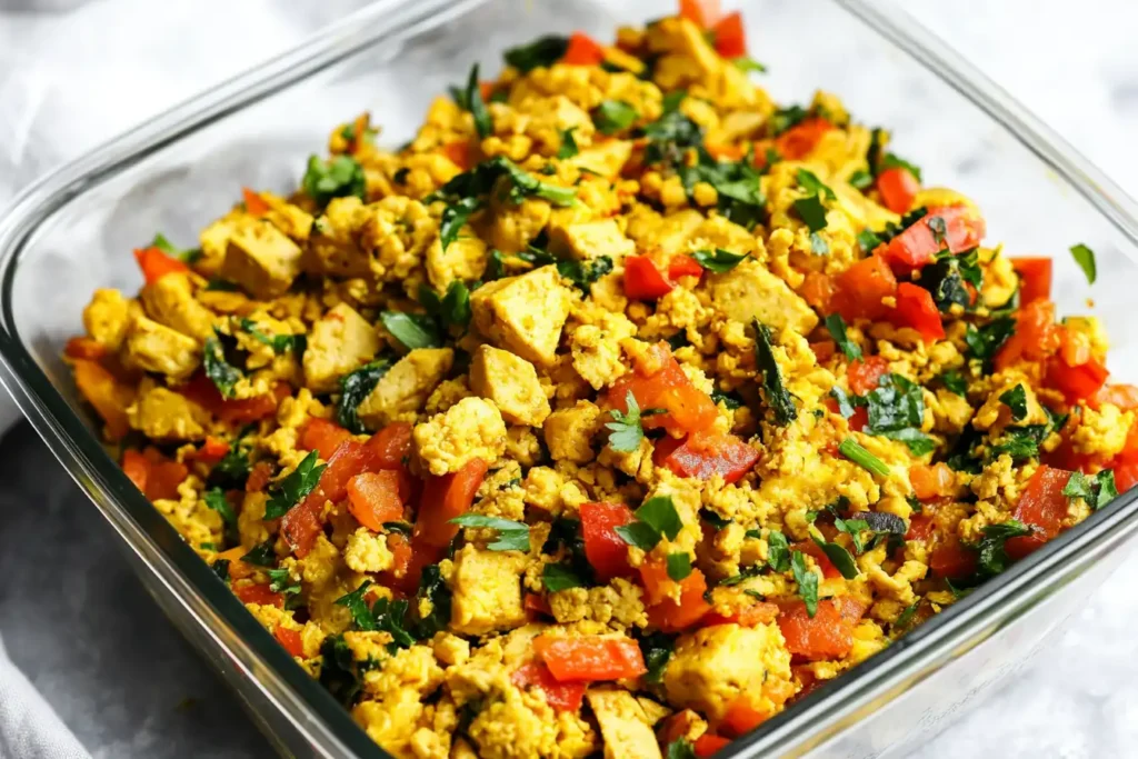A plate of scrambled tofu with vegetables, featuring bell peppers, spinach, and onions, served as a colorful, nutritious meal for a plant-based diet.