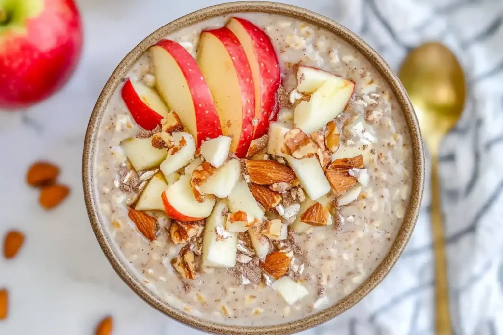 A bowl of Apple Cinnamon Overnight Oats topped with fresh apple slices, cinnamon, and nuts, offering a nutritious and satisfying breakfast option