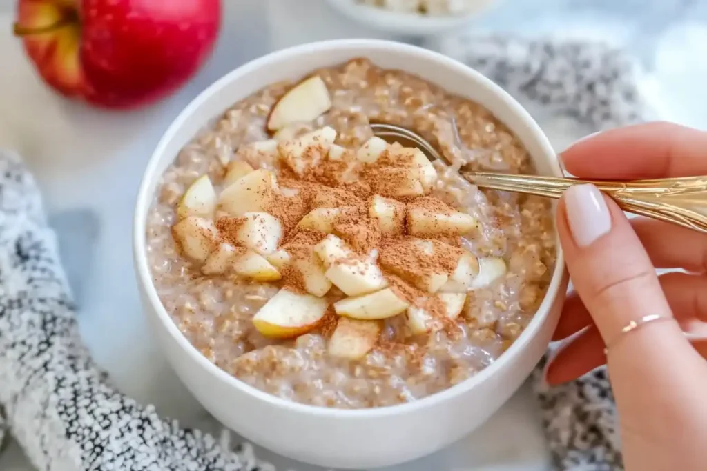 A bowl of apple cinnamon overnight oats with apple slices, cinnamon, and chopped nuts, creating a nutritious and satisfying breakfast.