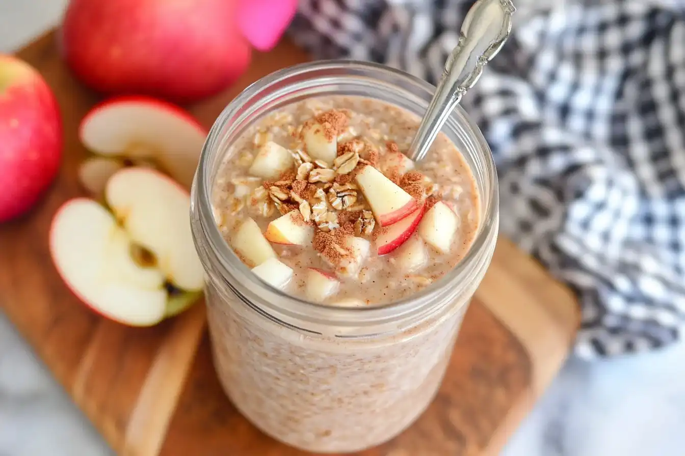 A bowl of apple cinnamon overnight oats with apple slices, cinnamon, and chopped nuts, creating a nutritious and satisfying breakfast.