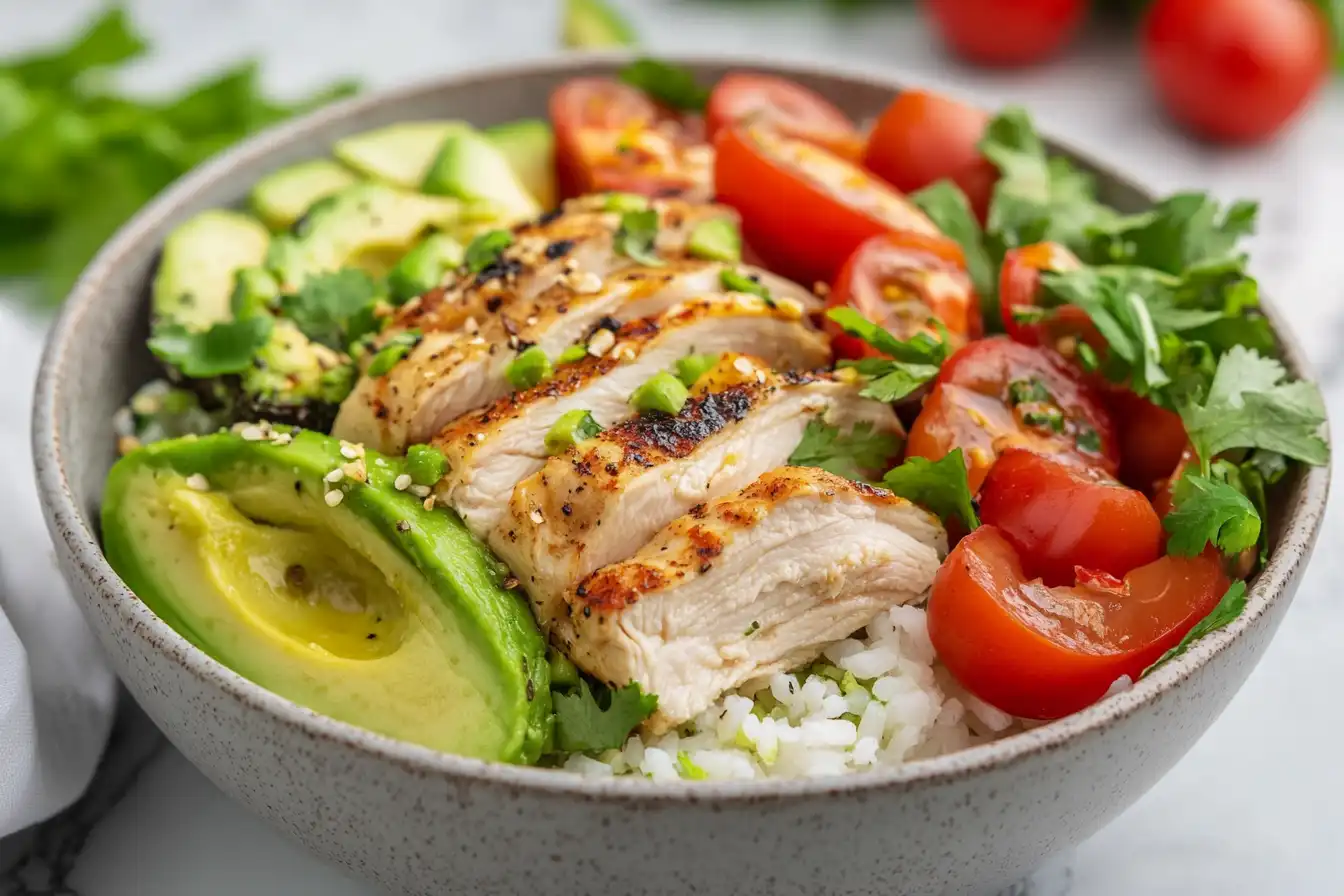 Grilled chicken paired with creamy avocado, fresh tomatoes, and cilantro in a healthy, low-carb bowl.