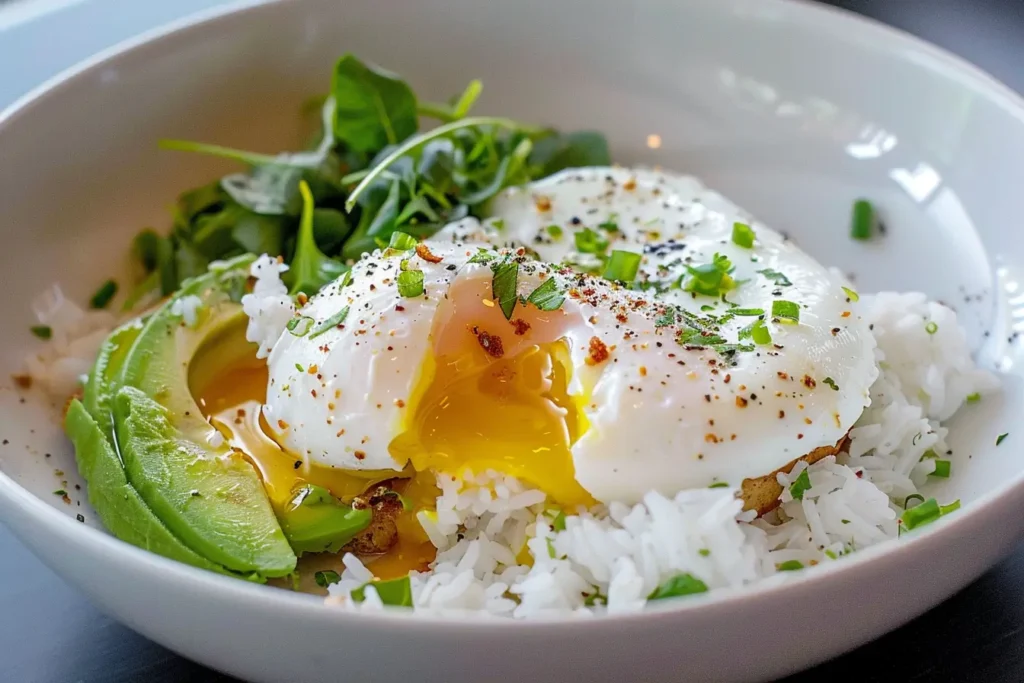 Poached eggs with avocado and rice, topped with green onions and herbs.
