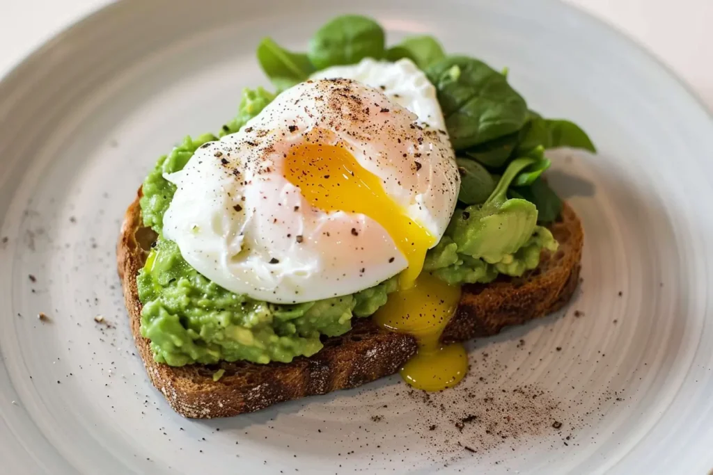 Avocado toast topped with a poached egg, spinach, and black pepper.