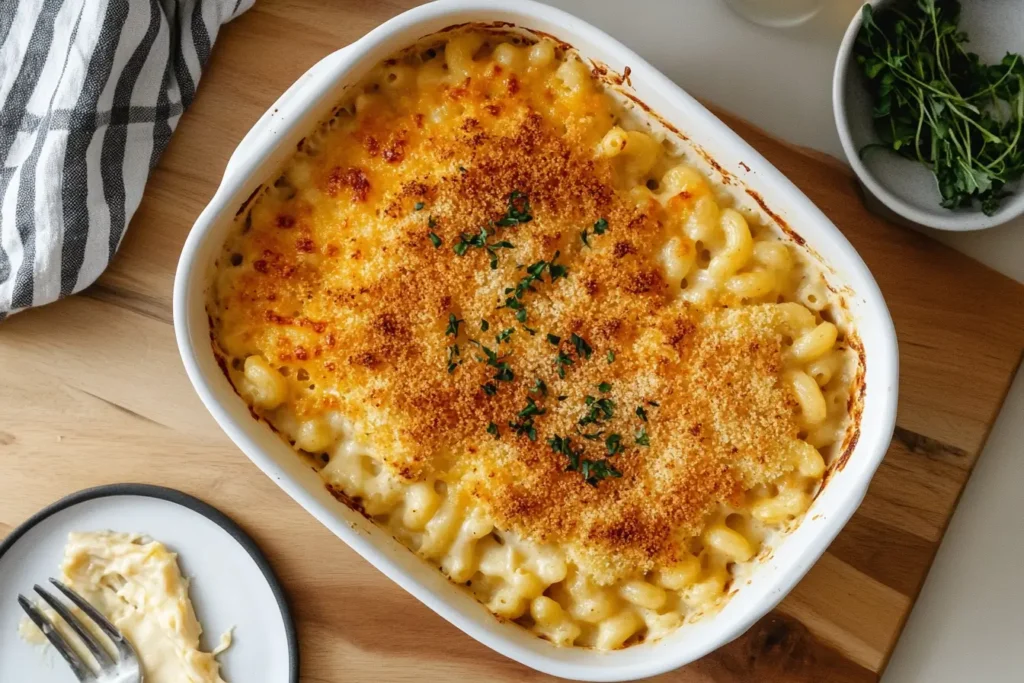 Baked macaroni and cheese with a crispy, golden breadcrumb topping, offering a rich, cheesy texture that is irresistible.
