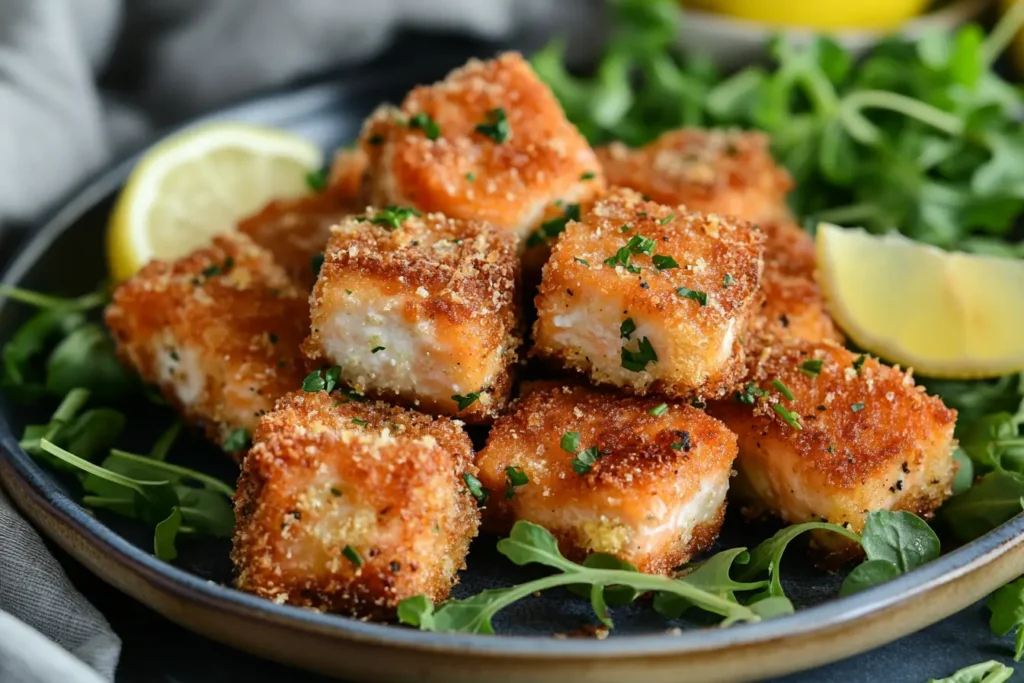 Crispy salmon bites garnished with fresh parsley and served with lemon wedges on a plate of arugula.