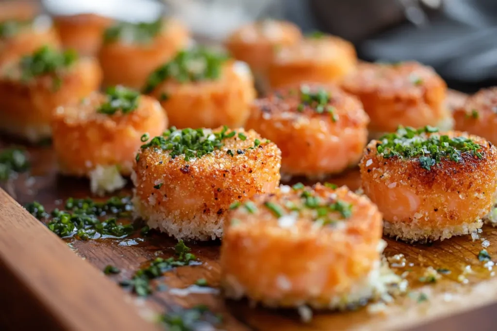 Crispy salmon bites garnished with fresh chopped chives, arranged on a wooden serving tray.