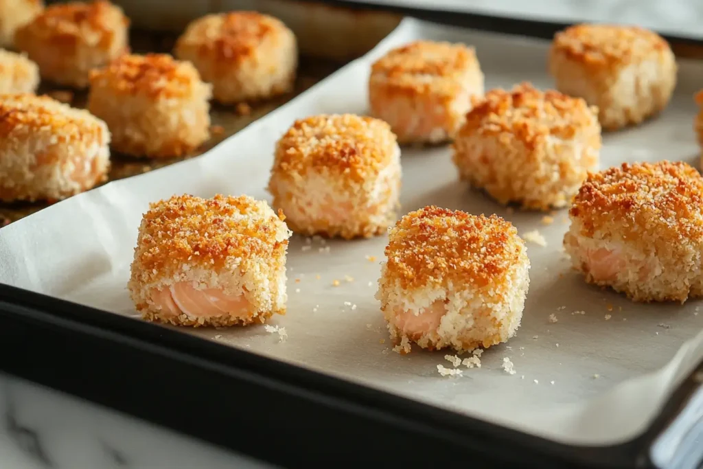 Crispy salmon bites coated in breadcrumbs, arranged on a parchment-lined baking tray.