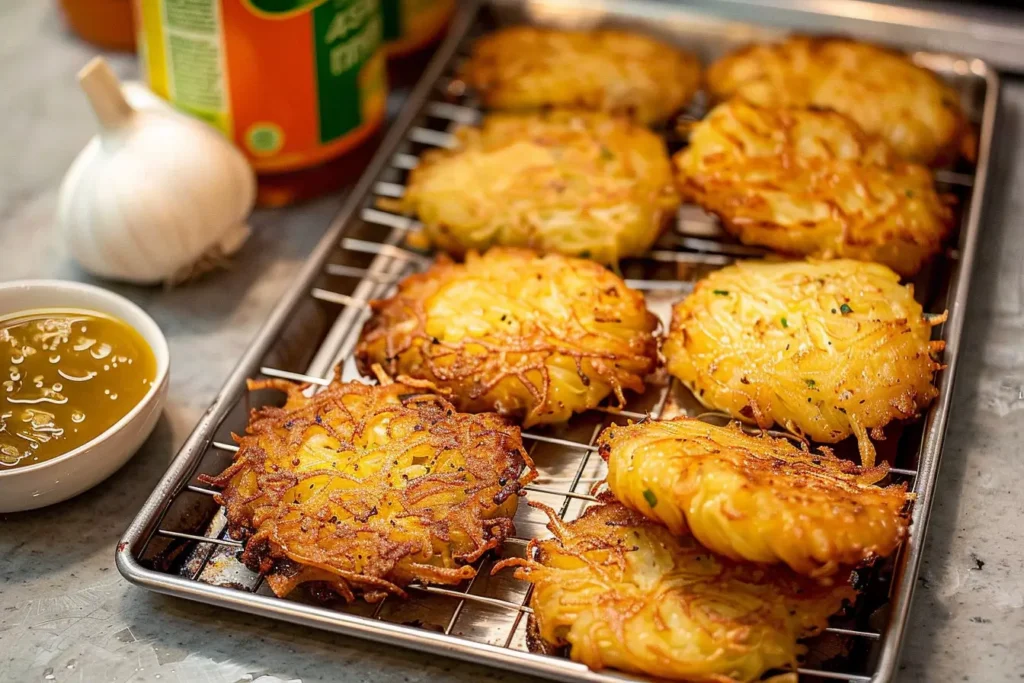 Crispy, golden latkes placed on a cooling rack, with a bowl of dipping sauce and garlic in the background.