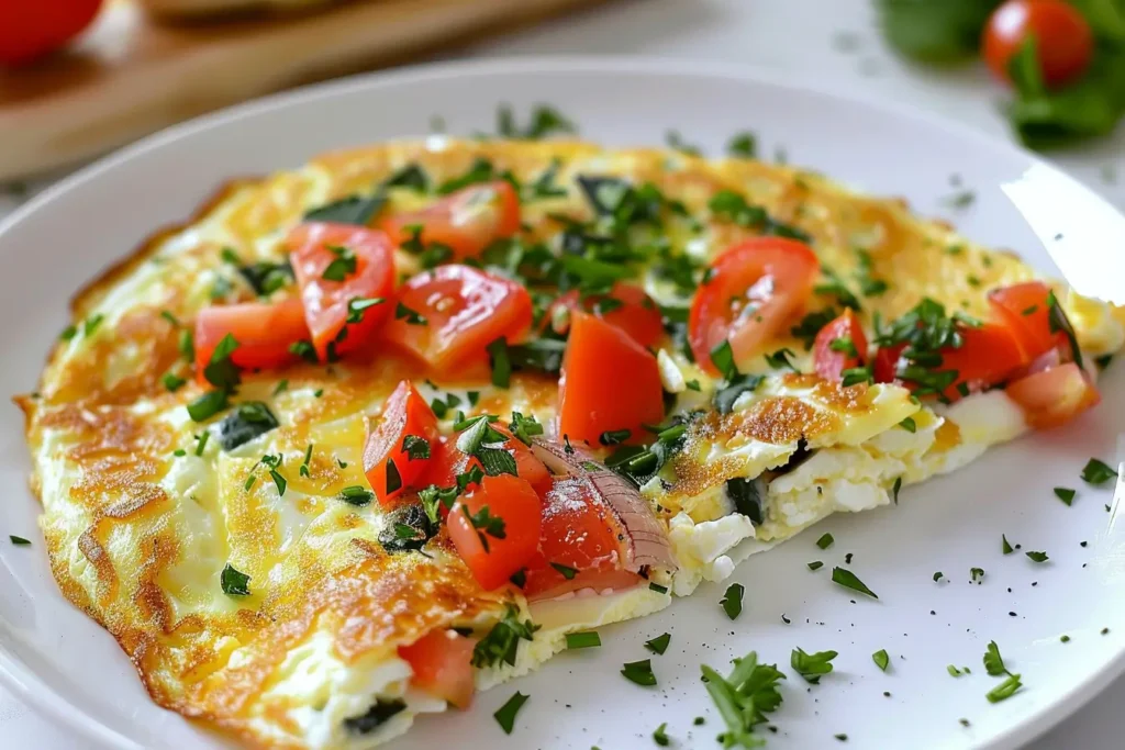 A freshly made egg white vegetable omelette topped with tomatoes and parsley on a white plate.