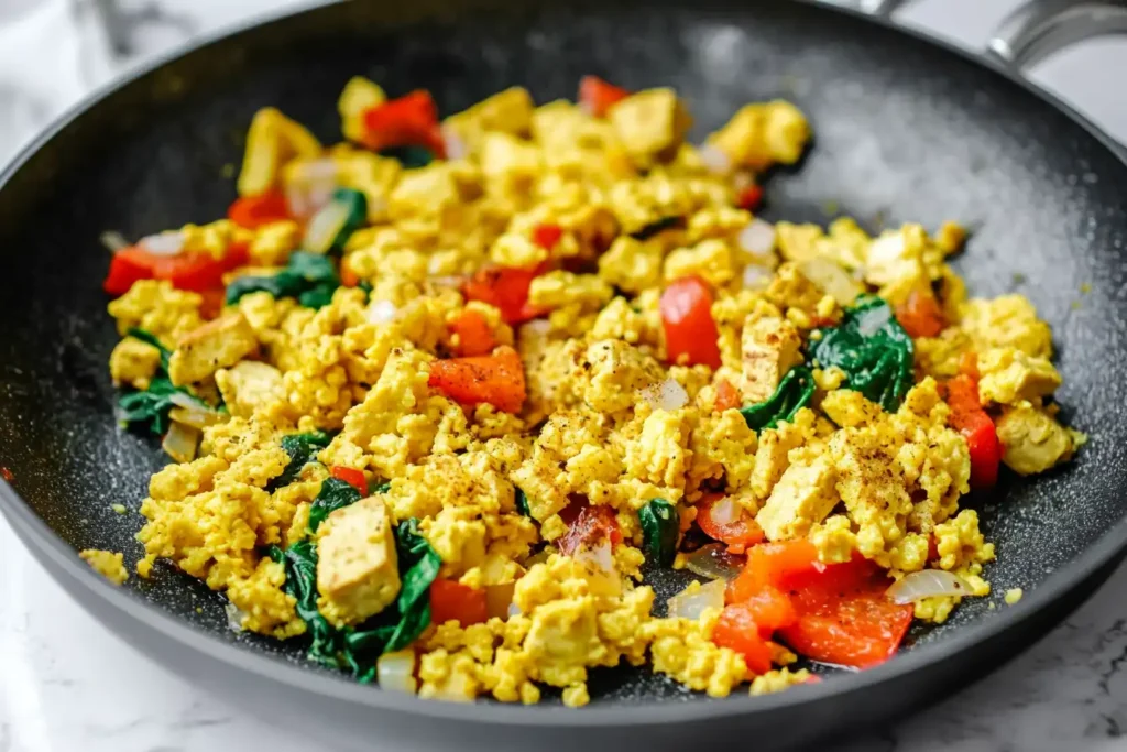 Scrambled tofu with vegetables, served with avocado slices and whole-grain toast.
