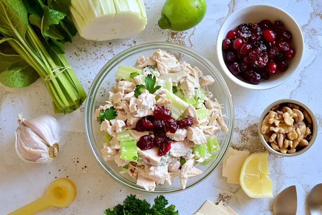 Chicken salad with cranberries, celery, and parsley in a glass bowl, with fresh ingredients like spinach, garlic, lime, walnuts, and cranberries placed around it.