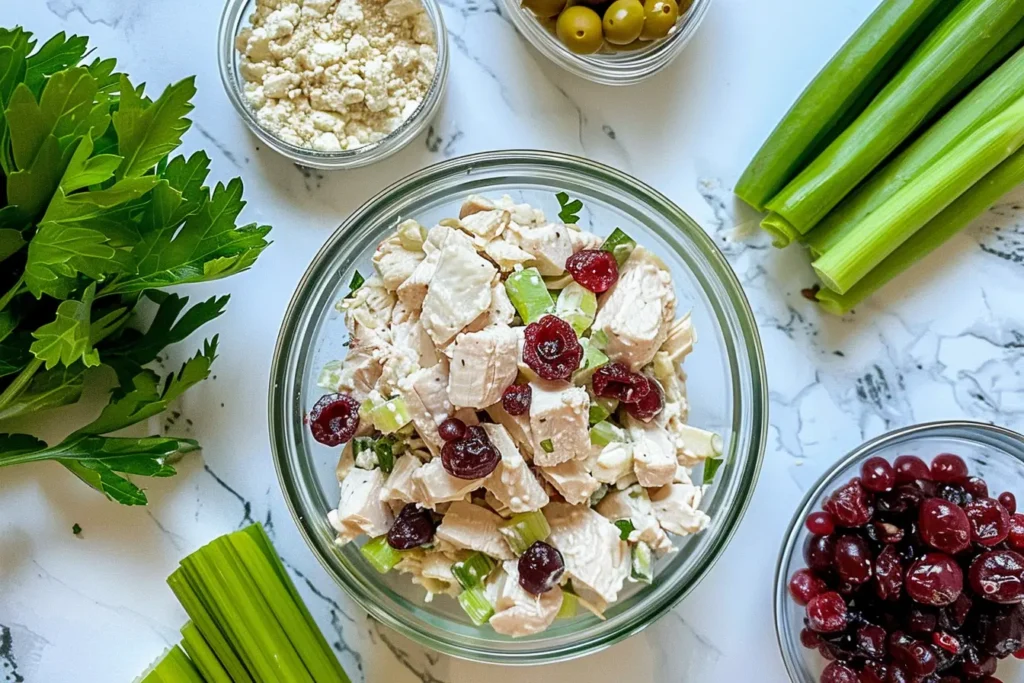 Chicken salad with cranberries, celery, and parsley, surrounded by fresh ingredients like celery, olives, and feta cheese.