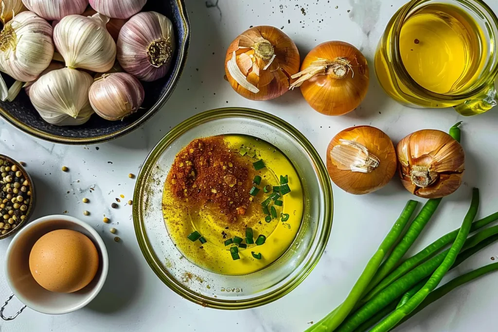A bowl of oil with spices and green onions, with garlic, onions, coriander seeds, and an egg scattered around on a marble countertop.