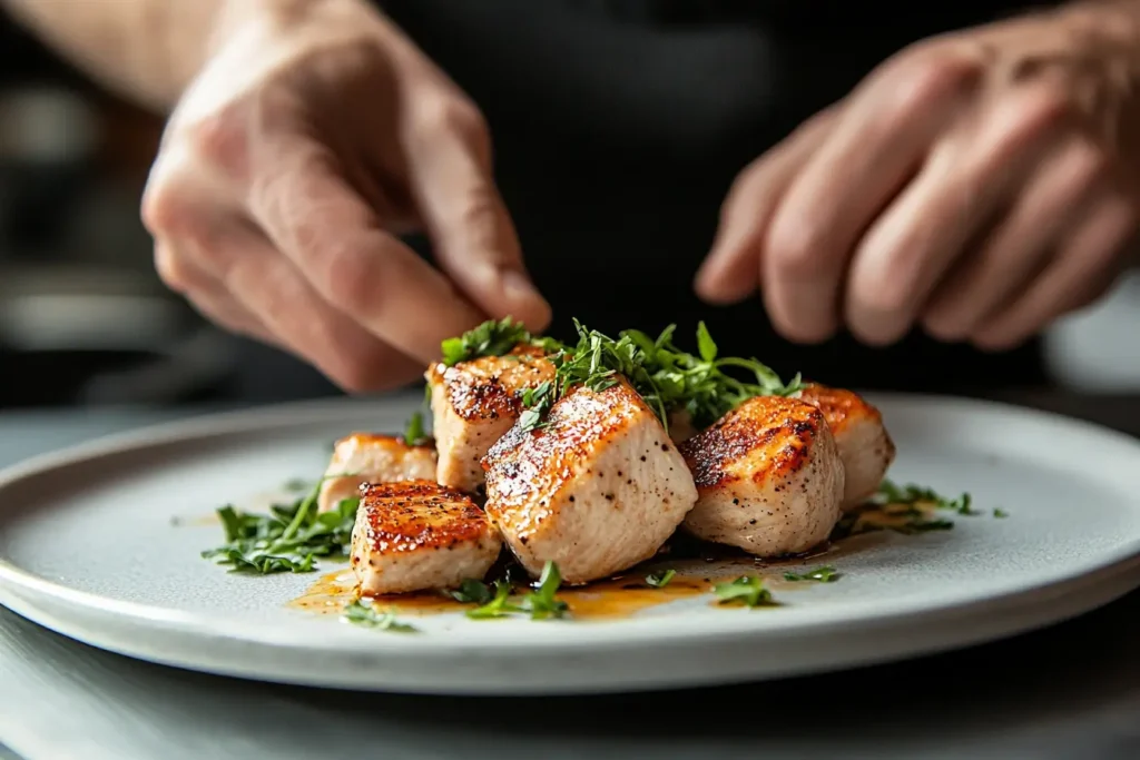 Chef garnishing crispy diced chicken breast with fresh herbs on a white plate.