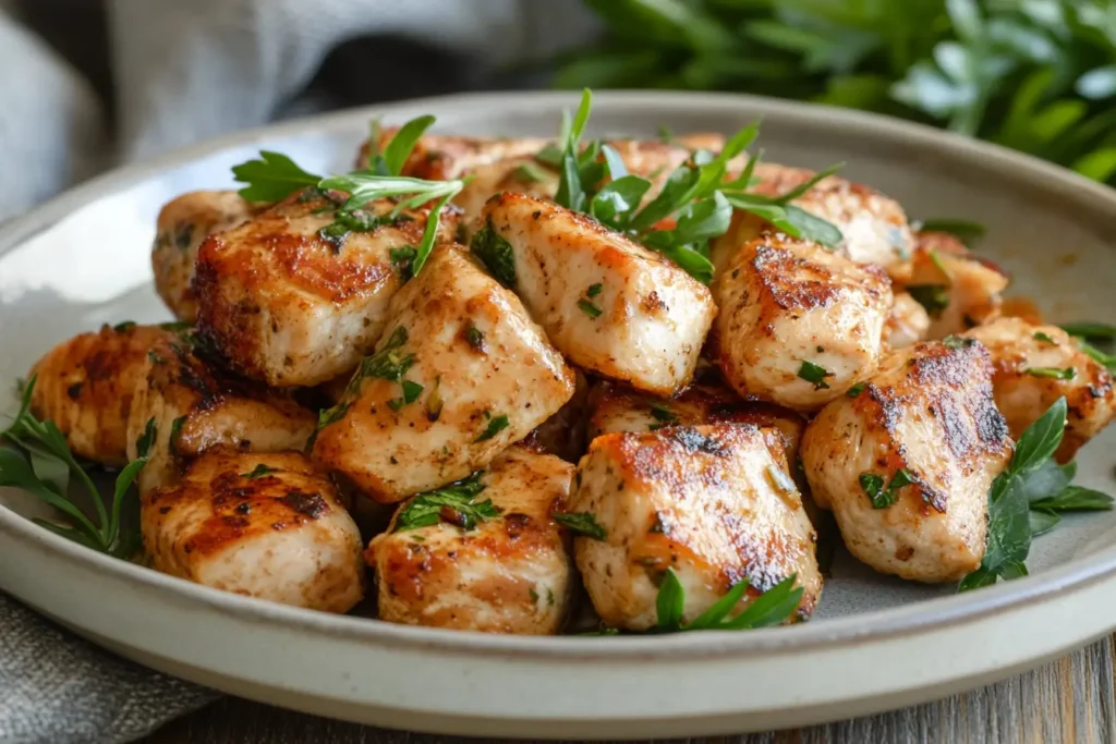 Close-up of perfectly cooked crispy diced chicken breast garnished with fresh parsley, served on a plate with a side of greenery.