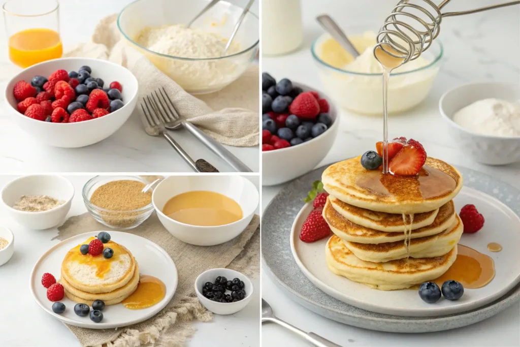 A step-by-step process of making pancakes, showing pancakes being cooked on a griddle and the preparation of pancake batter in a bowl.