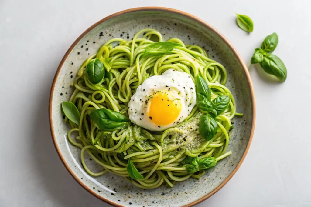 A plate of zucchini noodles with a poached egg, garnished with fresh herbs and Parmesan cheese, creating a healthy, low-carb meal.