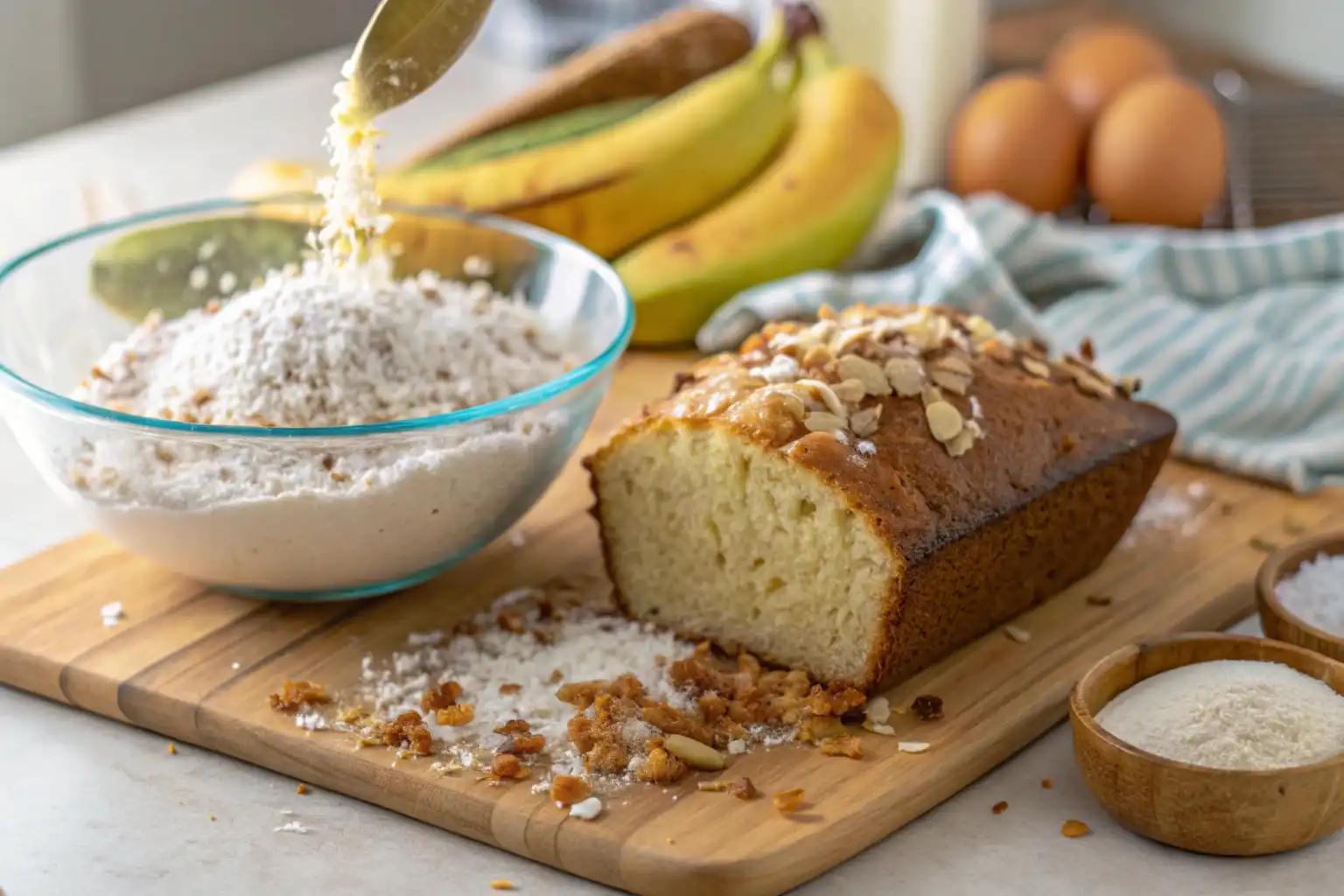 A slice of coconut banana bread with a golden-brown crust, topped with shredded coconut, served on a rustic plate.