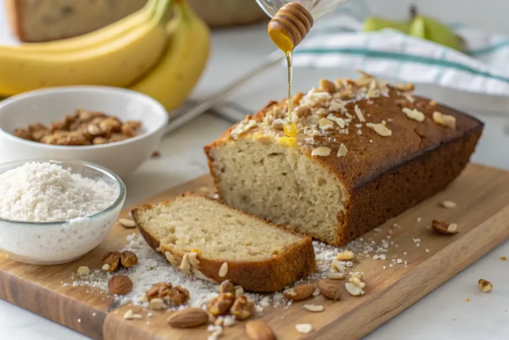A slice of coconut banana bread, made with ripe bananas and shredded coconut, served on a plate, showcasing its moist texture and golden-brown crust.