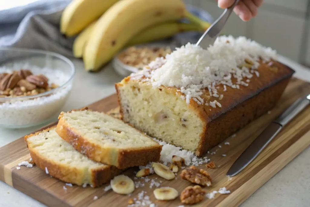 A slice of coconut banana bread, made with ripe bananas and shredded coconut, served on a plate, showcasing its moist texture and golden-brown crust.