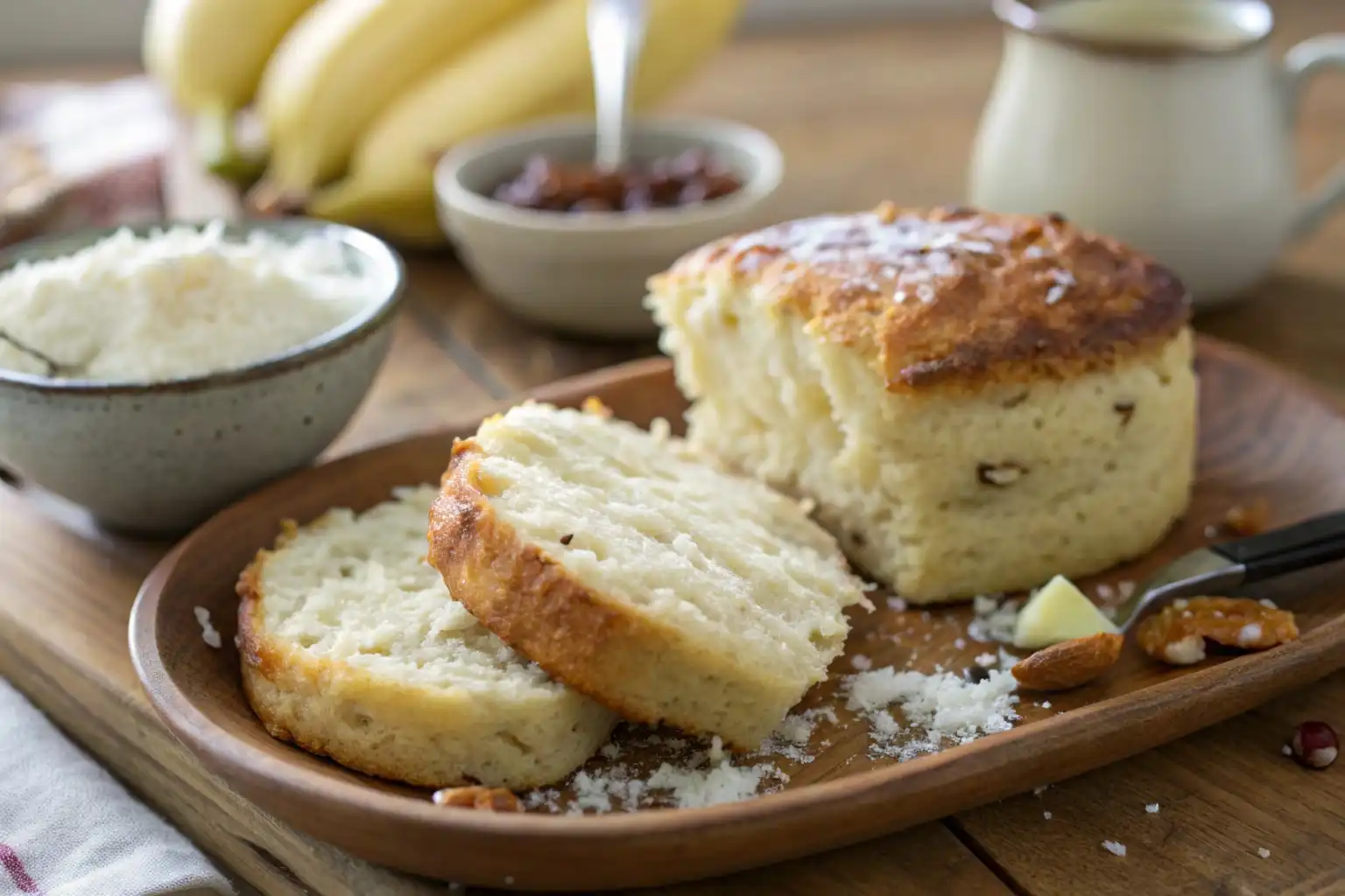 A freshly baked, golden-brown biscuit without milk, served on a rustic plate, showcasing its soft and fluffy texture.