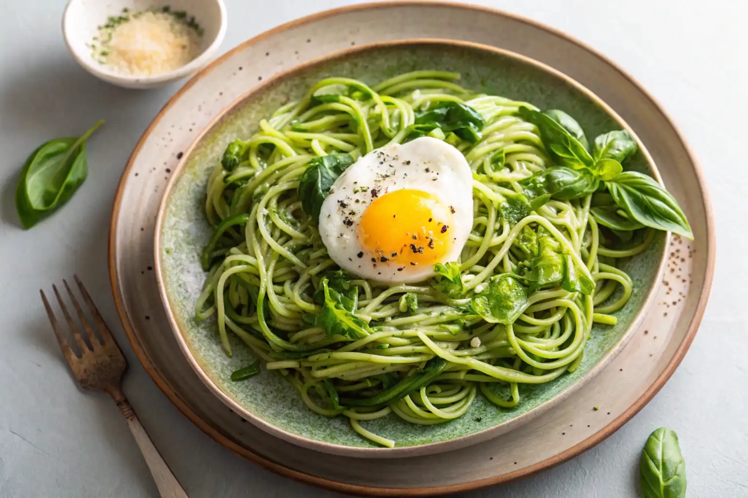 A plate of zucchini noodles with a poached egg, garnished with fresh herbs and Parmesan cheese, creating a healthy, low-carb meal.