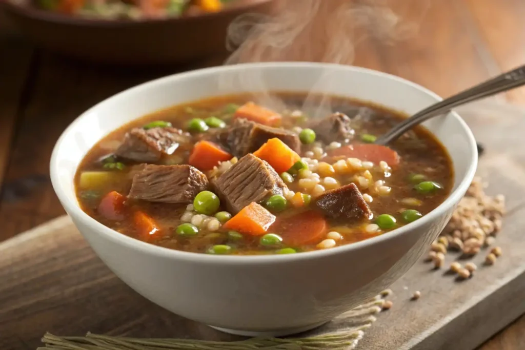 A hearty bowl of Beef and Barley Soup with tender beef chunks, carrots, and parsley garnished on top, offering a nutritious meal.