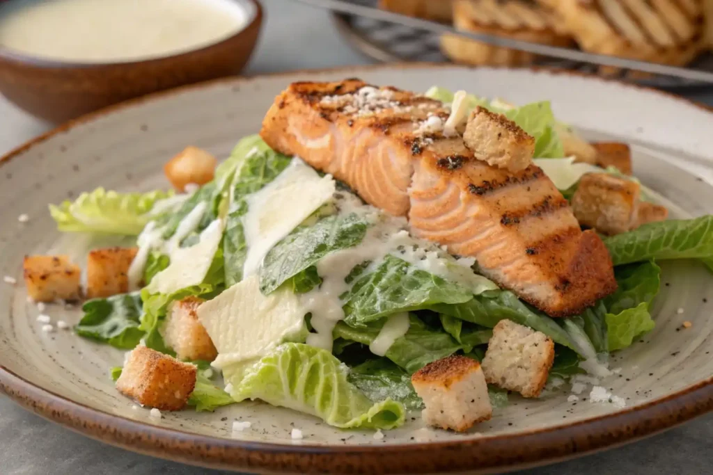 A fresh salmon Caesar salad with grilled salmon fillets, romaine lettuce, croutons, and Parmesan cheese, drizzled with Caesar dressing.