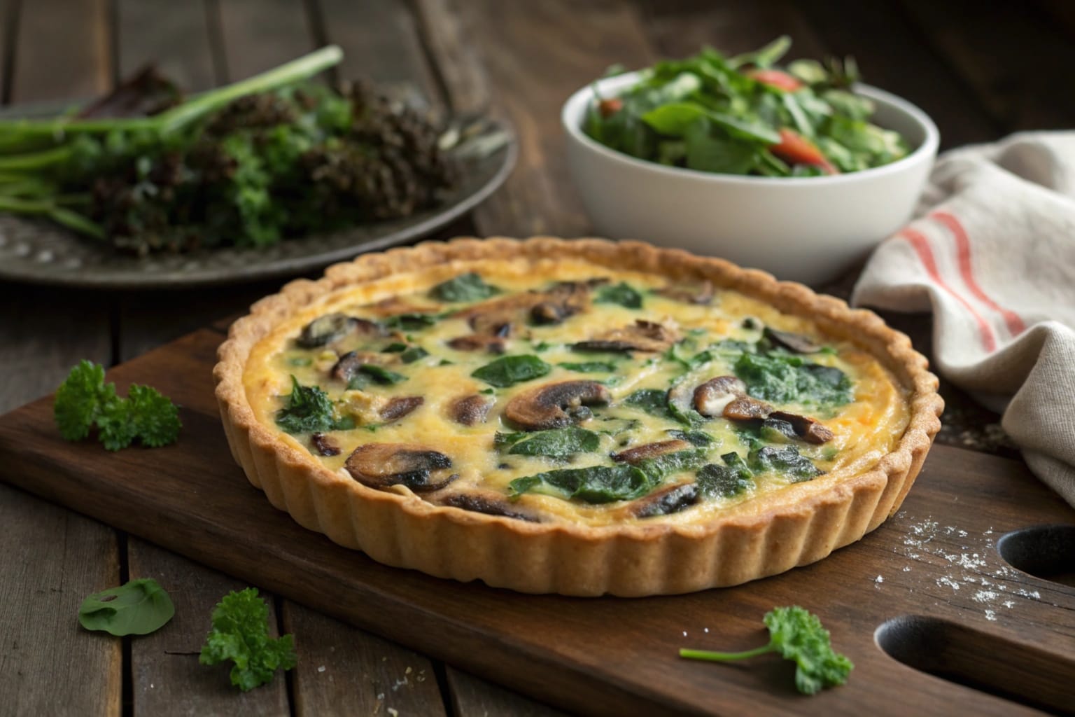 A golden, flaky Spinach & Mushroom Quiche with sautéed spinach, mushrooms, and a creamy filling, garnished with fresh herbs.