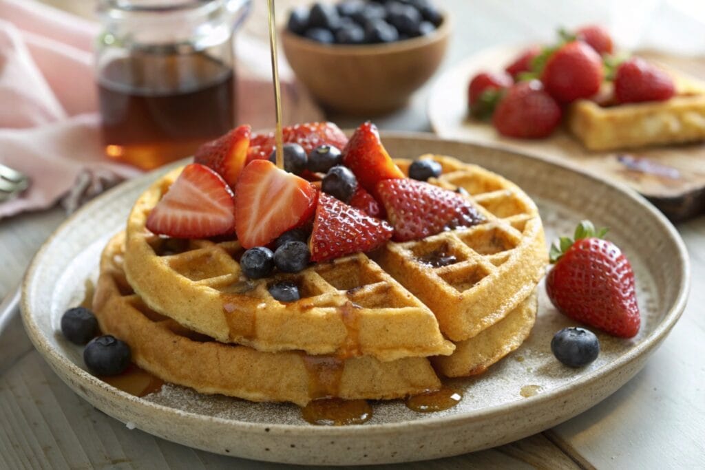 A golden-brown almond flour waffle topped with fresh berries and maple syrup, highlighting its crispy texture and low-carb, healthy ingredients.