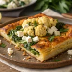 A golden-brown cauliflower spanakopita melt on a rustic plate, featuring roasted cauliflower, spinach, and feta cheese, with a crispy crust.