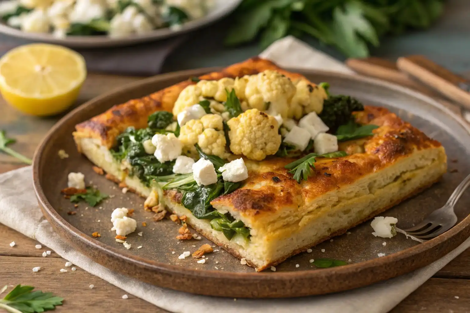 A golden-brown cauliflower spanakopita melt on a rustic plate, featuring roasted cauliflower, spinach, and feta cheese, with a crispy crust.