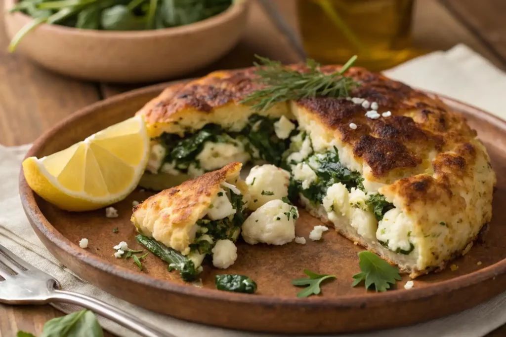Cauliflower Spanakopita Melt with sautéed spinach and feta cheese inside a crispy golden crust, garnished with fresh herbs.