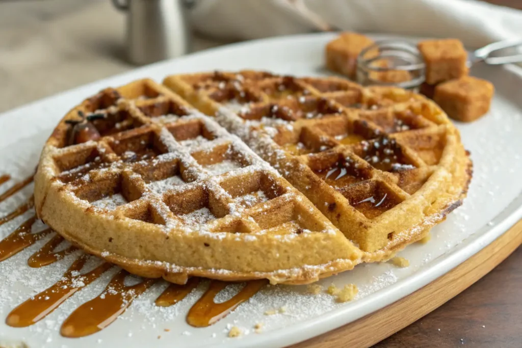 Golden almond flour waffle topped with powdered sugar and drizzled with maple syrup, served with sugar cubes on the side.