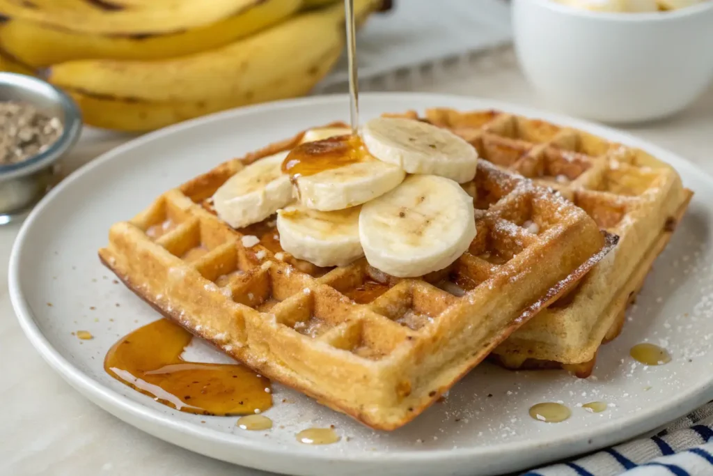 A plate of banana waffles topped with sliced banana and drizzled with syrup, with a light dusting of powdered sugar.