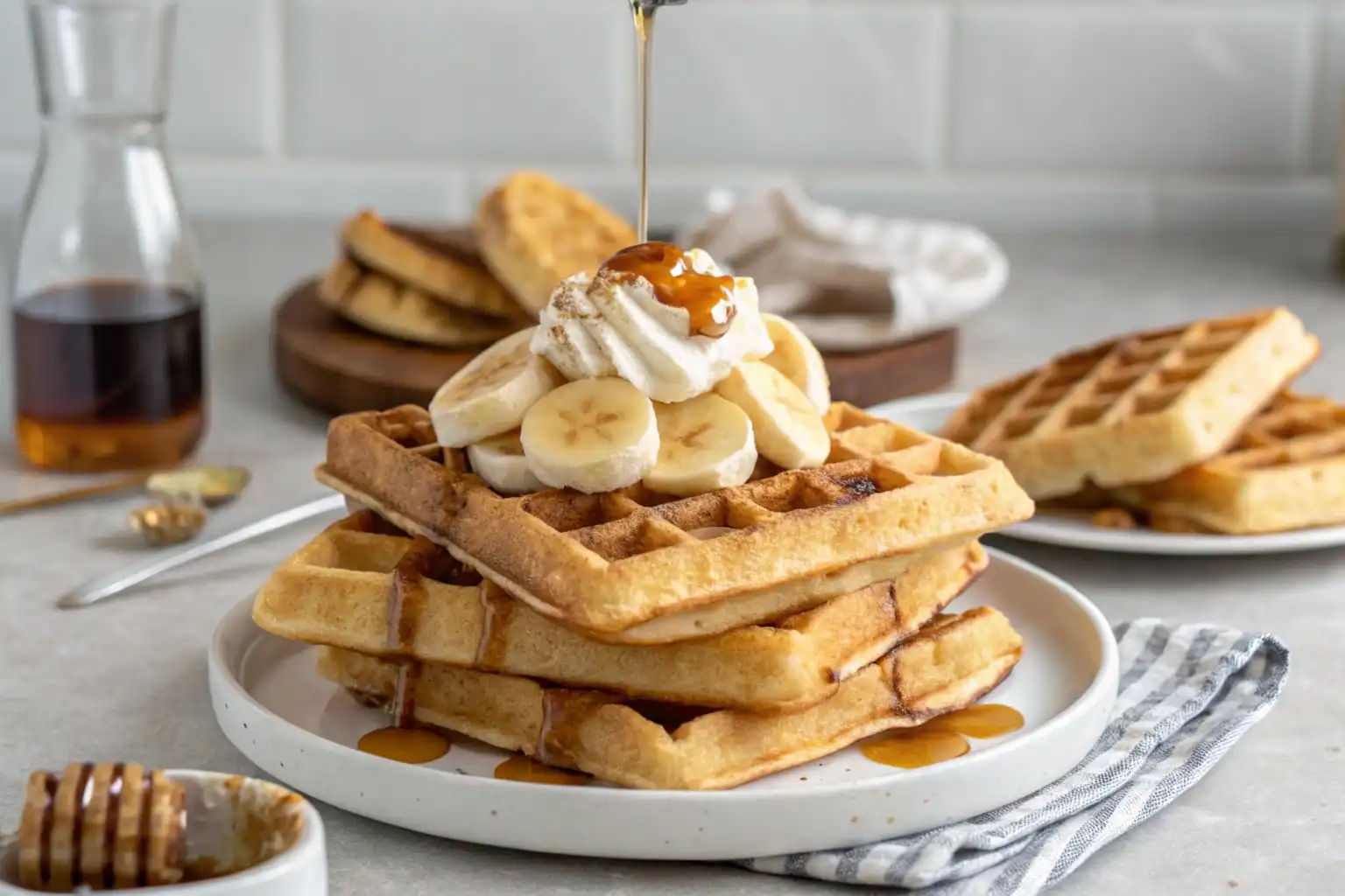 A golden-brown banana waffle topped with fresh strawberries, blueberries, and a drizzle of syrup, showcasing its crispy texture and healthy ingredients.