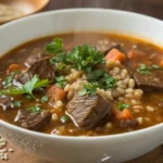 A warm bowl of Beef and Barley Soup featuring tender beef chunks, barley, carrots, and fresh parsley, offering a wholesome meal.