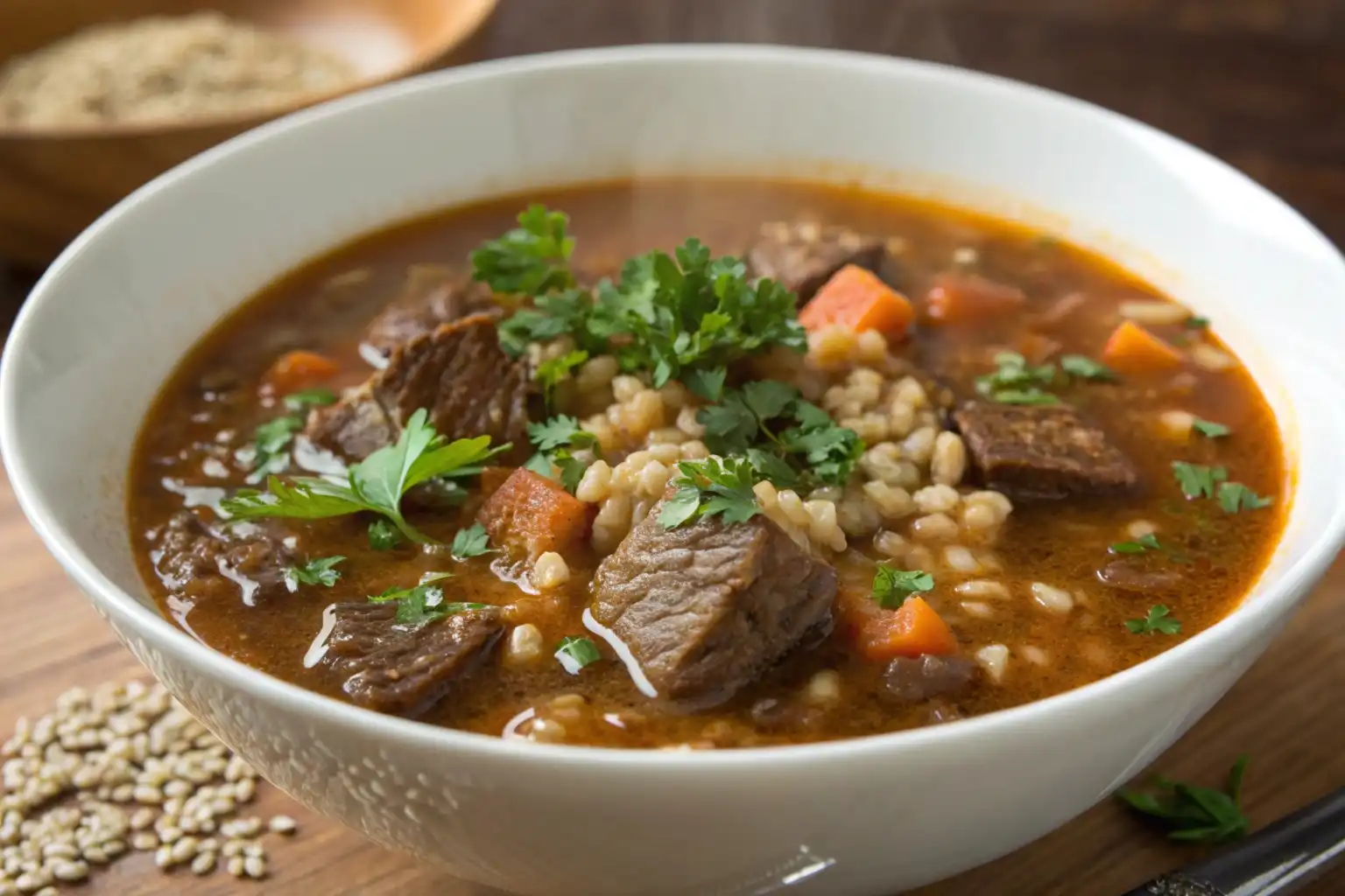 A warm bowl of Beef and Barley Soup featuring tender beef chunks, barley, carrots, and fresh parsley, offering a wholesome meal.