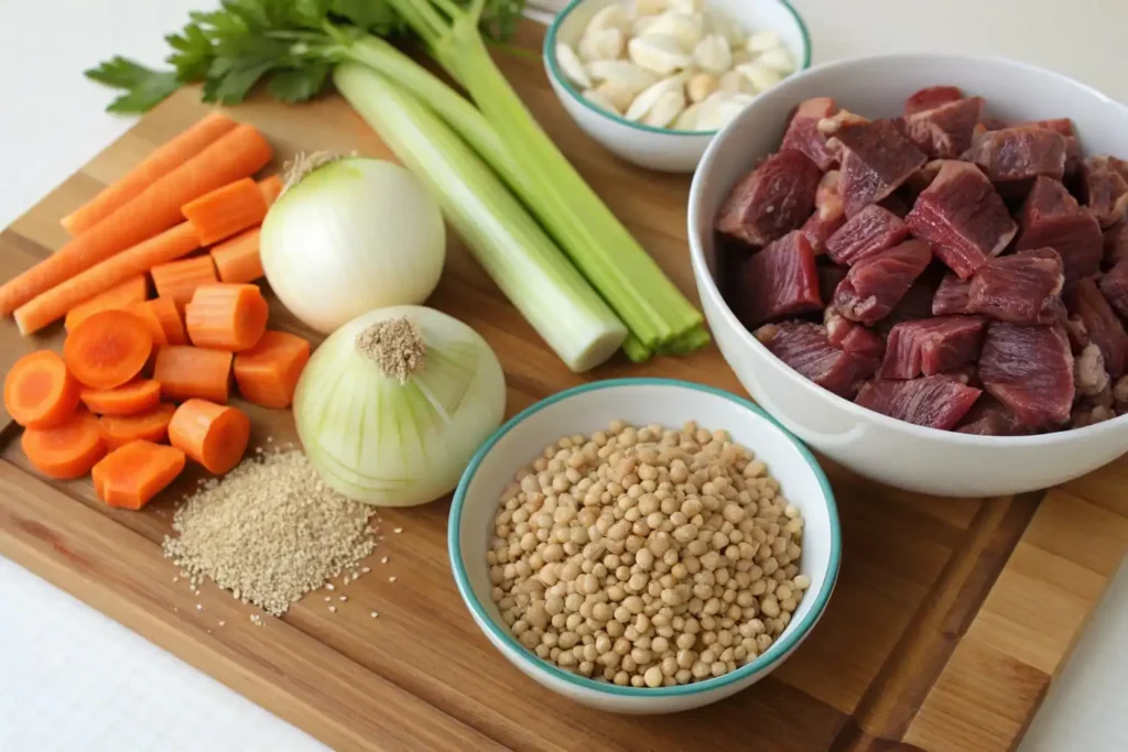Freshly chopped vegetables, beef chunks, and barley prepared for Beef and Barley Soup, showcasing the key ingredients for the recipe.