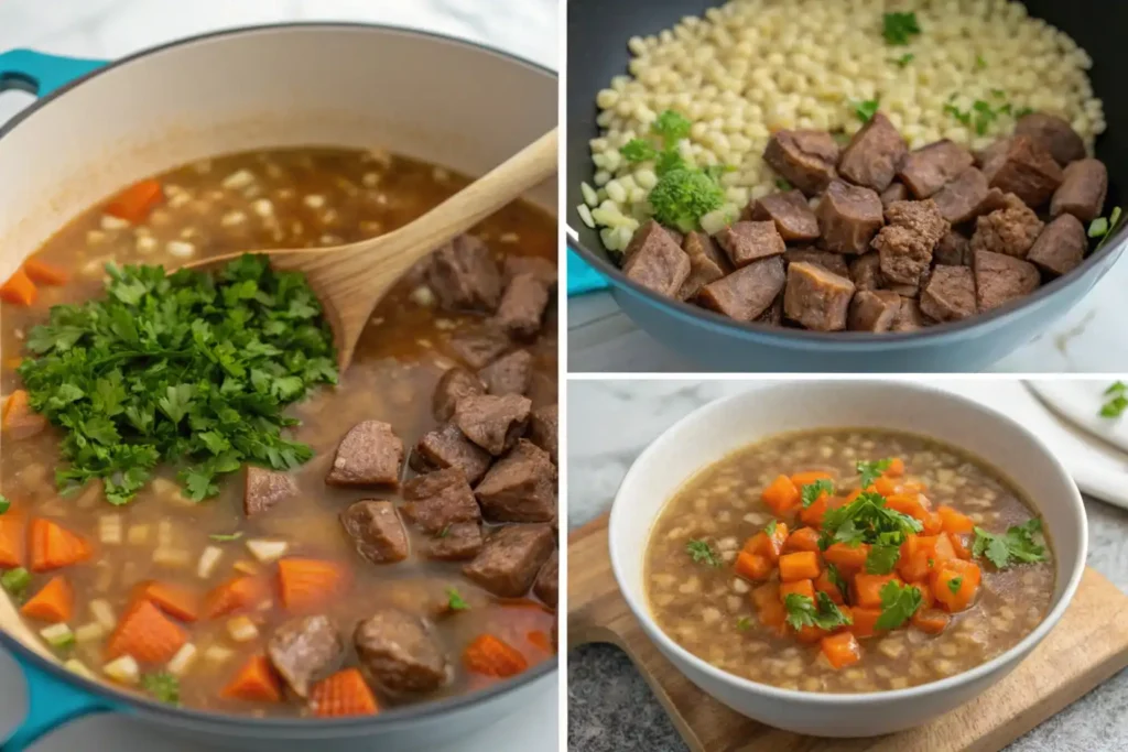 Step-by-step images of preparing Beef and Barley Soup, with chunks of beef, vegetables, and parsley in the cooking process, followed by the finished bowl.