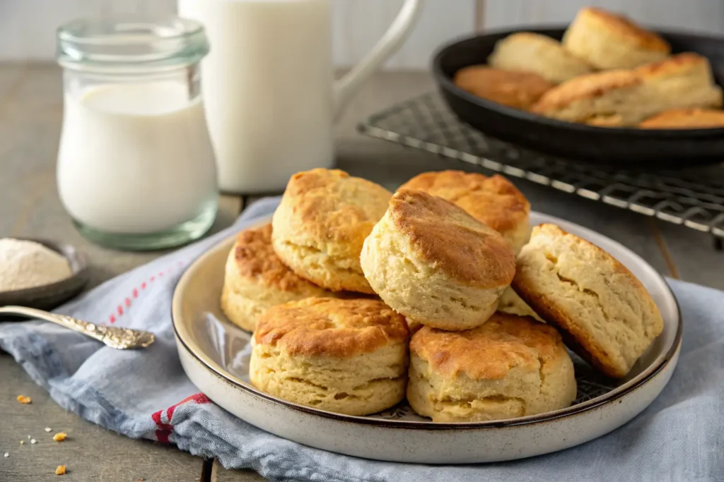 A plate of golden, fluffy biscuits without milk, served on a rustic table. The biscuits are placed on a blue napkin with a jar of milk and a bowl of flour in the background.