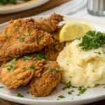 Crispy Chicken Fried Chicken served with mashed potatoes, garnished with parsley, and lemon wedges on a white plate.