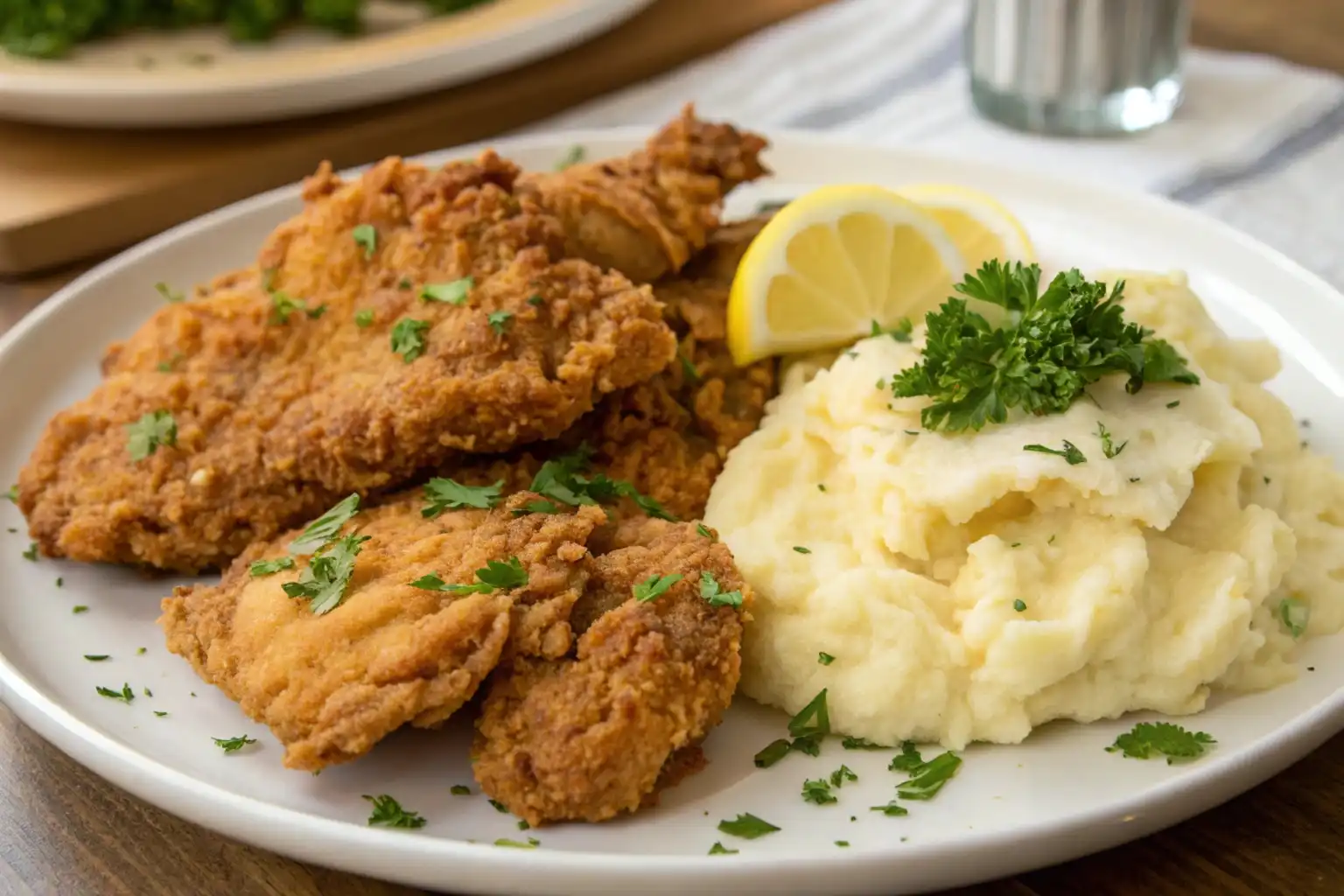 Crispy Chicken Fried Chicken served with mashed potatoes, garnished with parsley, and lemon wedges on a white plate.