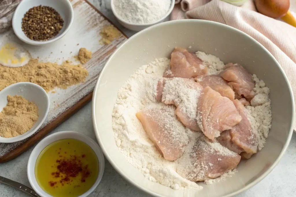 Boneless chicken breasts coated with seasoned flour in preparation for frying, with oil and spices nearby.