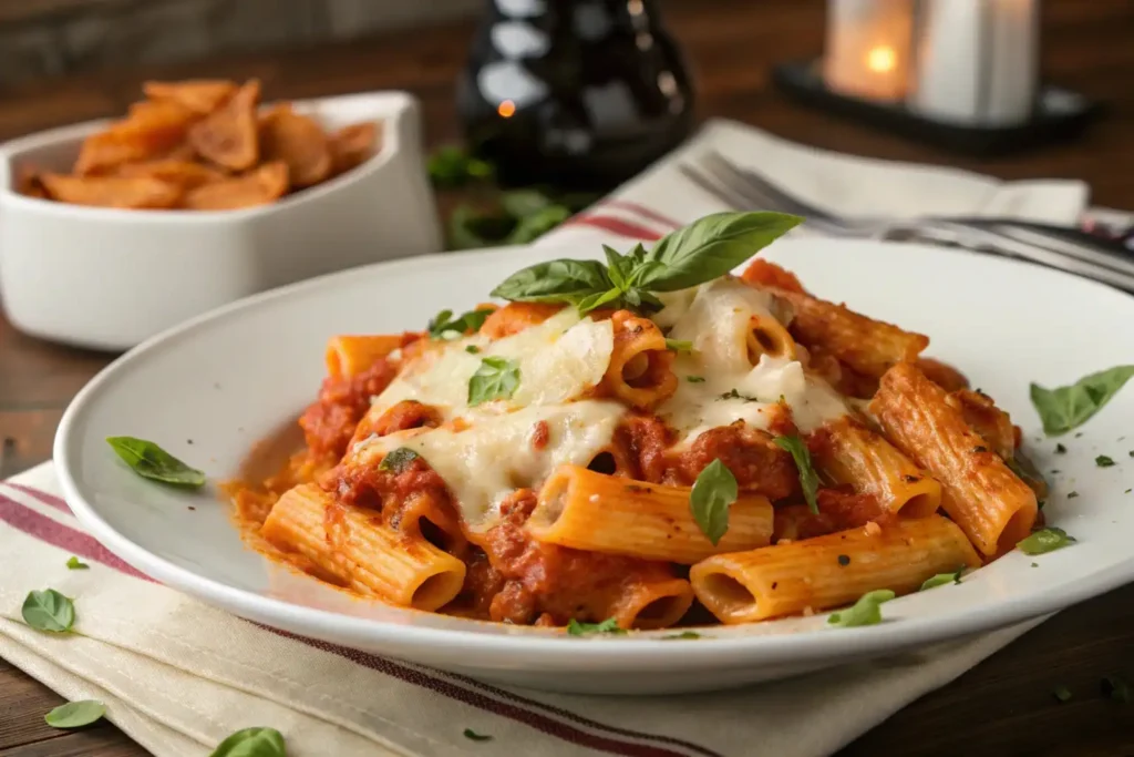 Baked ziti pasta topped with melted cheese and fresh basil.