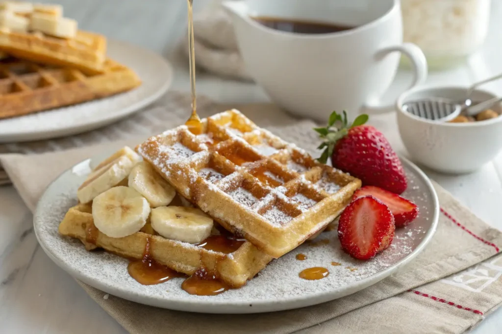 Golden-brown banana waffles topped with banana slices, strawberries, and drizzled with syrup, dusted with powdered sugar.