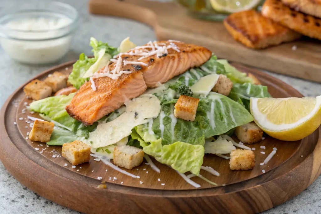 Salmon Caesar Salad with grilled salmon, romaine lettuce, croutons, and creamy Caesar dressing topped with freshly grated Parmesan cheese, with a lemon wedge on the side.