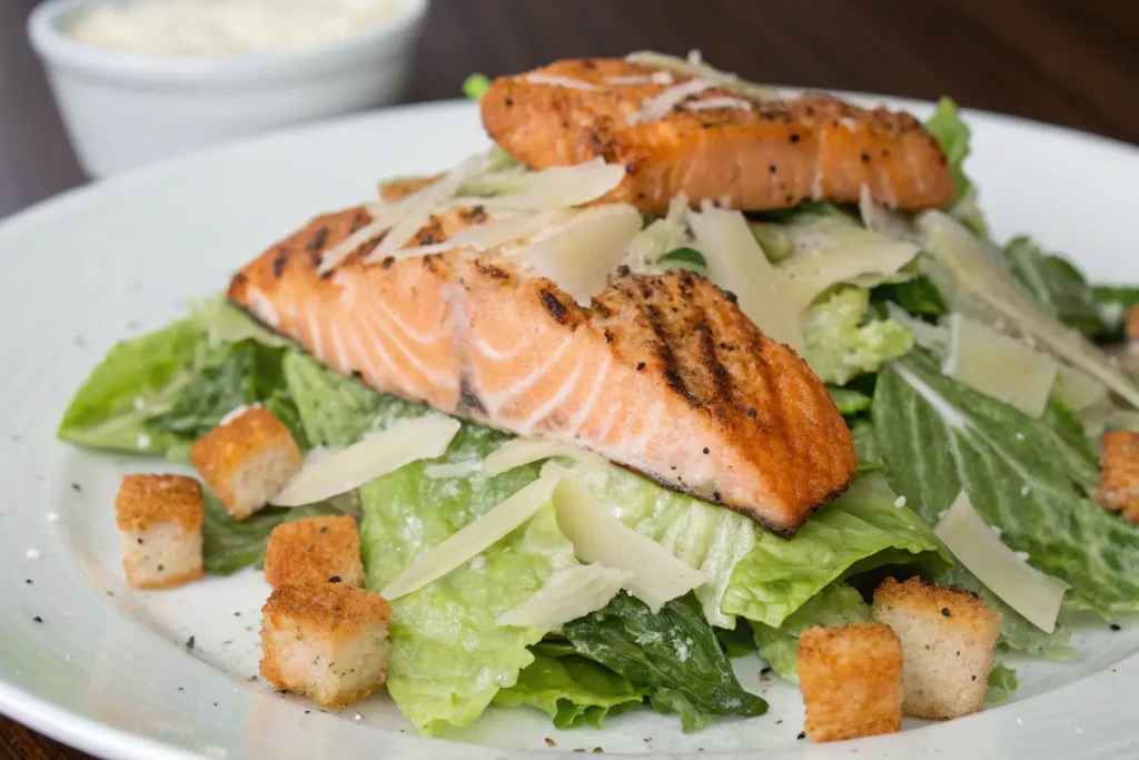 Grilled salmon fillets served over romaine lettuce, topped with croutons, freshly shaved Parmesan cheese, and Caesar dressing.