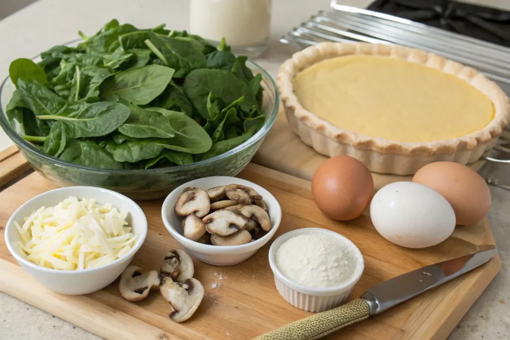 Ingredients for spinach and mushroom quiche, including fresh spinach, mushrooms, eggs, grated cheese, and a pre-baked pie crust.